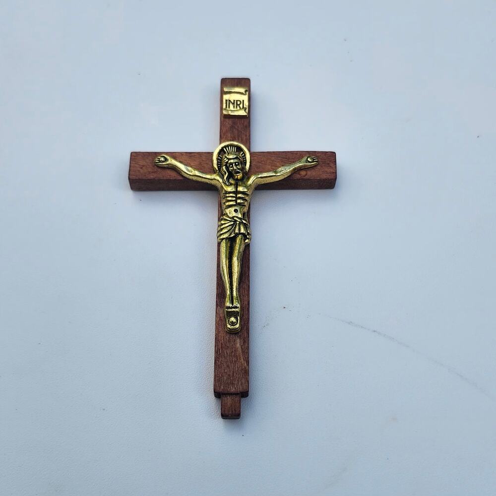 Devotional 4.25" Wooden Crucifix Jesus INRI Brass Tone Catholic Prayer Cross